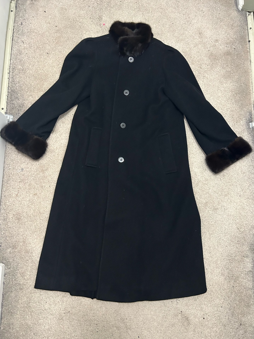 Vintage Black 100% Wool Coat with Fur Trim